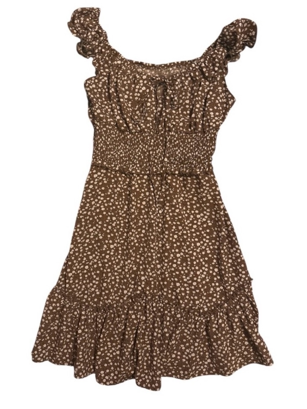 Brown Floral Ruffle Mini Dress with Smocked Bodice
